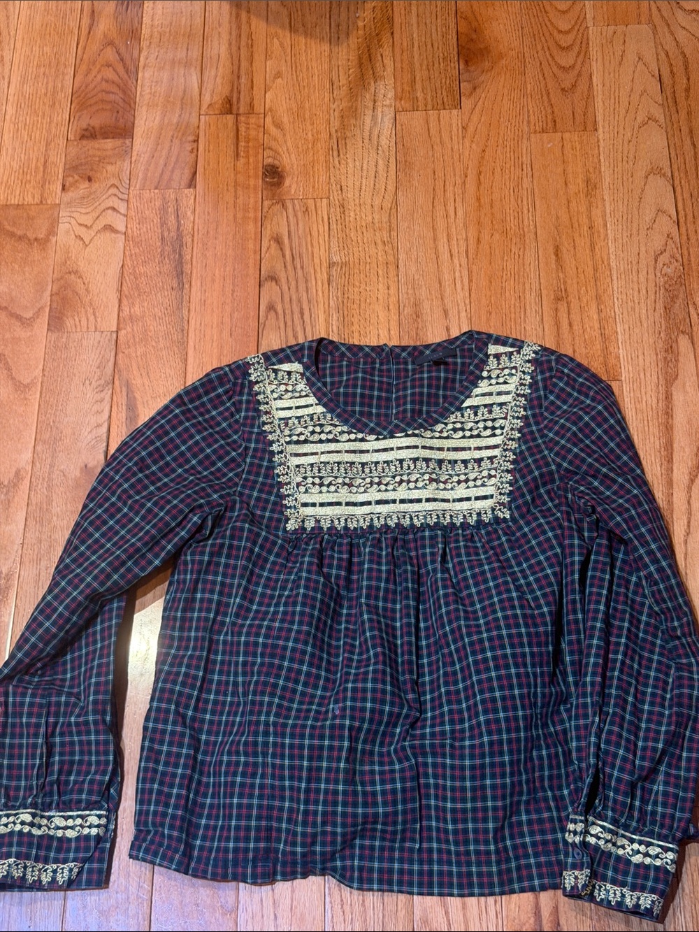 J. Crew Navy and Green Plaid Embroidered Yoke Blouse